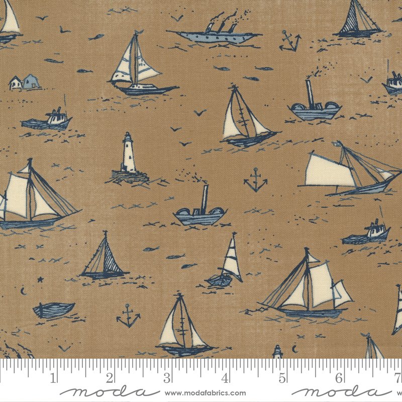 Janet Clare – To the Sea – Sand Boats Novelty Fabric