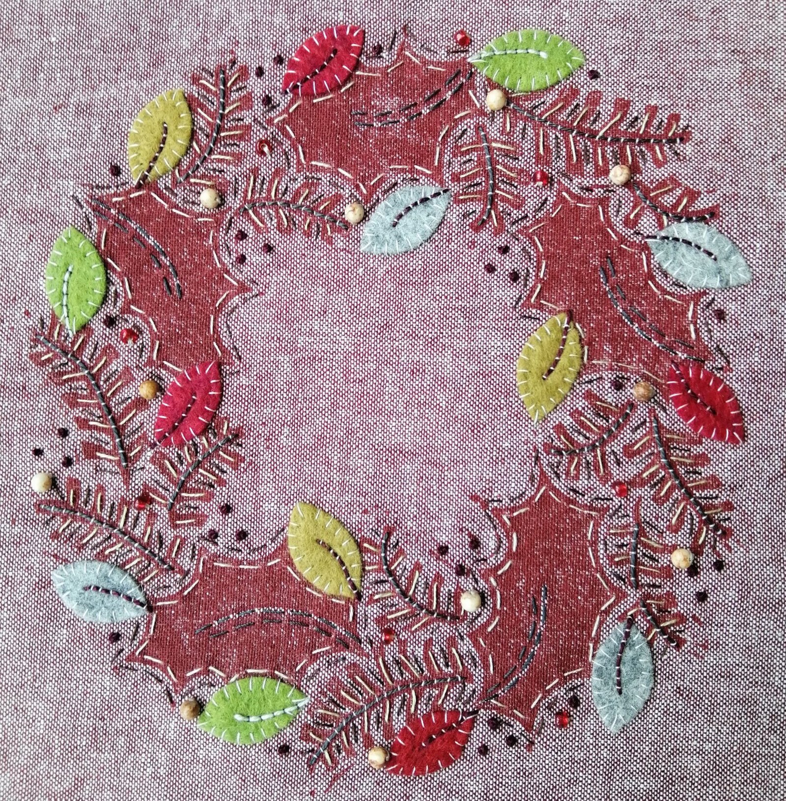 Red Wreath Lino Print Panel Only for Embellishing – by Louise Nichols Designs