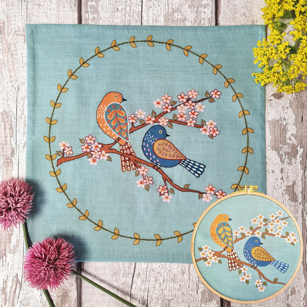 Printed Linen Embroidery Kit Birds & Blossoms by Corinne Lapierre