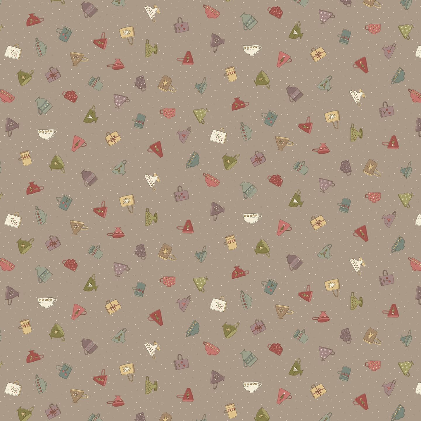Hatched and Patched – Down Tinsel Lane – Taupe Christmas Cups Fabric