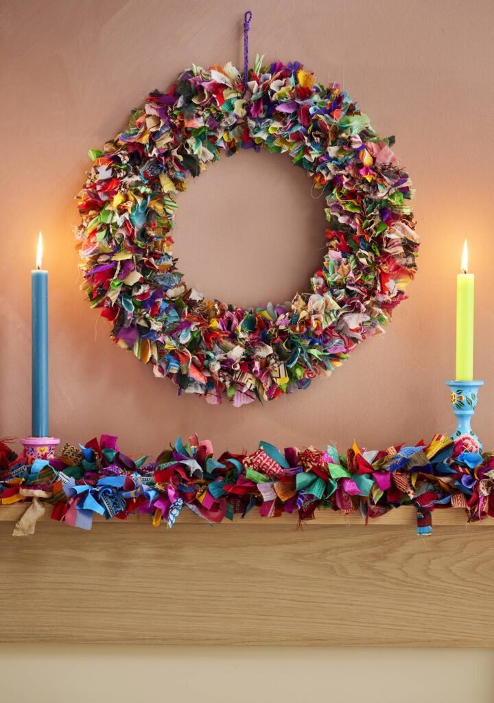 recycled sari wreath multicolour large